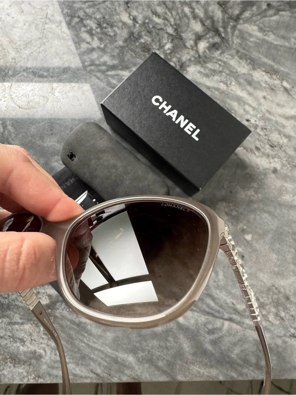 CHANEL Taupe Acetate Sunglasses with Crystal-Studded Temples